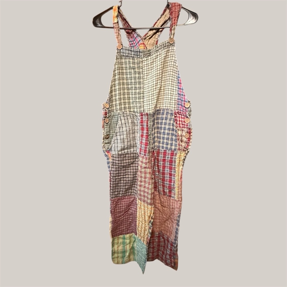 Vintage Sacred Threads Multicolor Patchwork Plaid Overalls